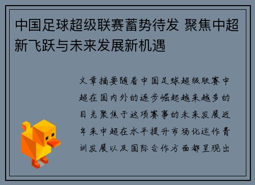 中国足球超级联赛蓄势待发 聚焦中超新飞跃与未来发展新机遇