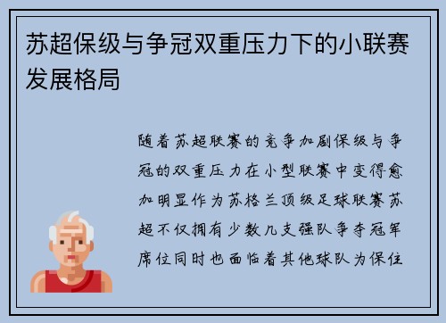 苏超保级与争冠双重压力下的小联赛发展格局
