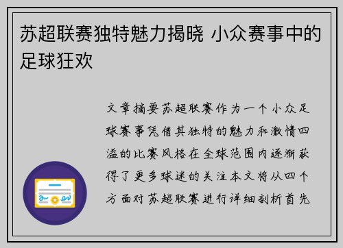 苏超联赛独特魅力揭晓 小众赛事中的足球狂欢